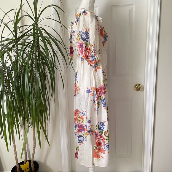 By Anthropologie Dress NWT Puff Sleeve Smocked MIDI Dress in White Floral Medium - Picture 15 of 16